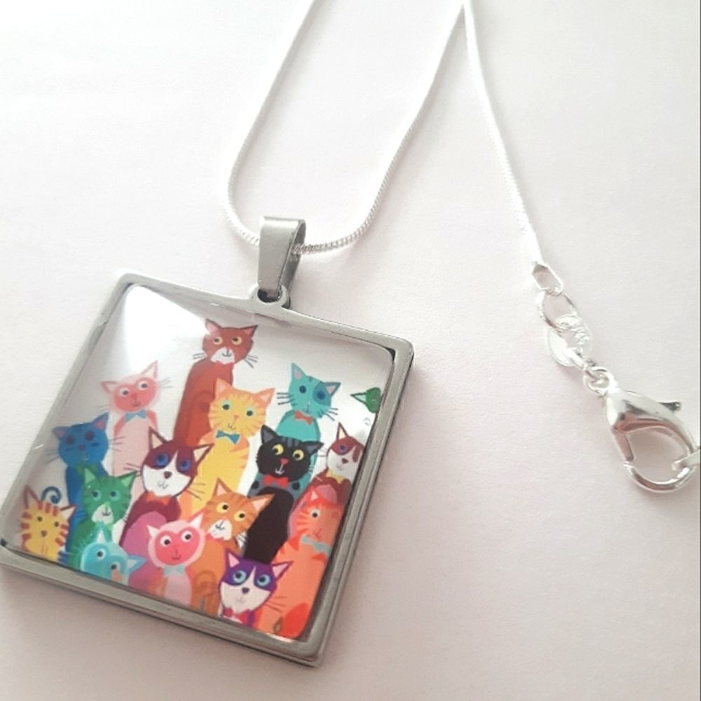 Hand Crafted Stainless Steel Cartoon Cats Charm Stamped Sterling Silver Necklace